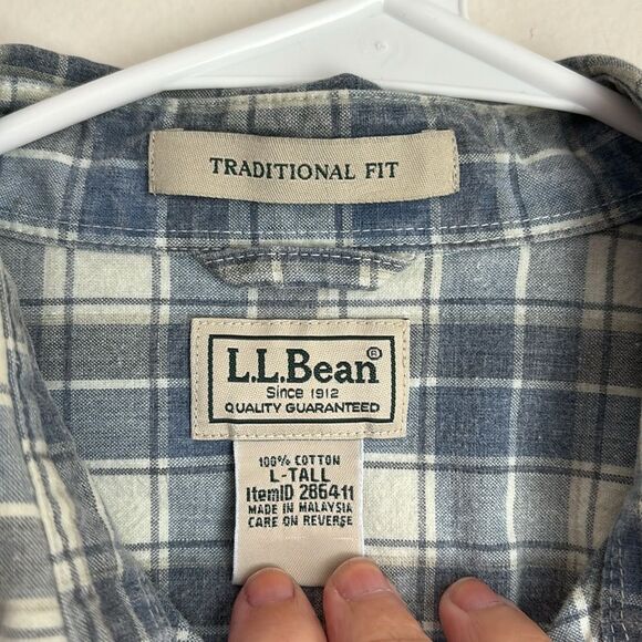 L.L Bean Men’s traditional fit plaid casual button down white blue size LG Tall - Picture 5 of 7